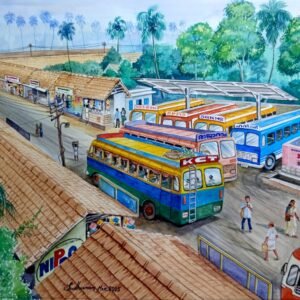 Nostalgic watercolor painting-90s Private bus stand of Kalyankulam, Kerala
