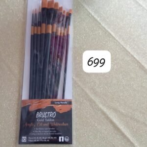 BRUSTRO LONG HANDLE GOLD TAKLON ROUND AND FLAT BRUSH 10 DIFFERENT SIZE SET.