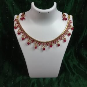 Gold Plated Red Dew Drop Necklace With Studs