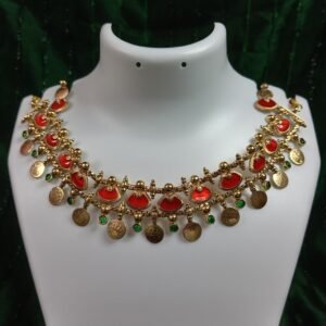 Gold plated Red and Green Shades Doll Shape Necklace With Stud