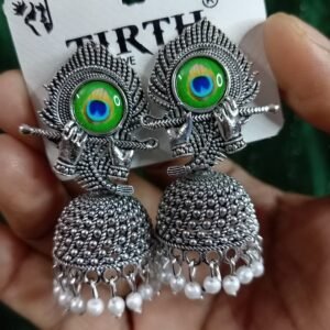 Jimuki Metal Jhumki Earring Peacock Feather metal Finish with Lord Krishna flute