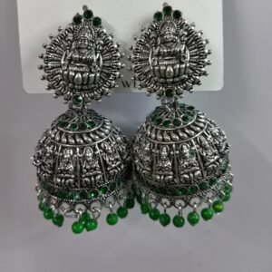 Jimuki Metal Jhumki Earring Green Stone and Drops - Goddess Saraswathi