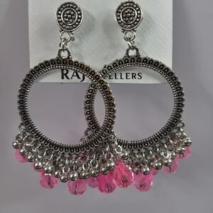 Jimuki Metal Jhumki Earring with pink and silver drops