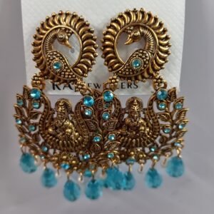 Jimuki Metal Jhumki Earring With Light Blue drops Goddess Saraswathi