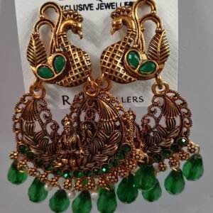 Jimuki Metal Jhumki Earring Green Drops with Swan Design  Copper colour