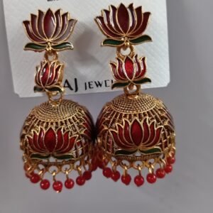 Jimuki Metal Jhumki Earring Lotus with Red drops