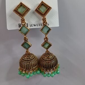 Jimuki Metal Jhumki Earring Green drops with Rectangle Designs